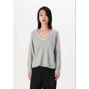 Gibson & Latimer Fuzzy‎ Knit Sequin V-Neck Sweater Gray - Size S